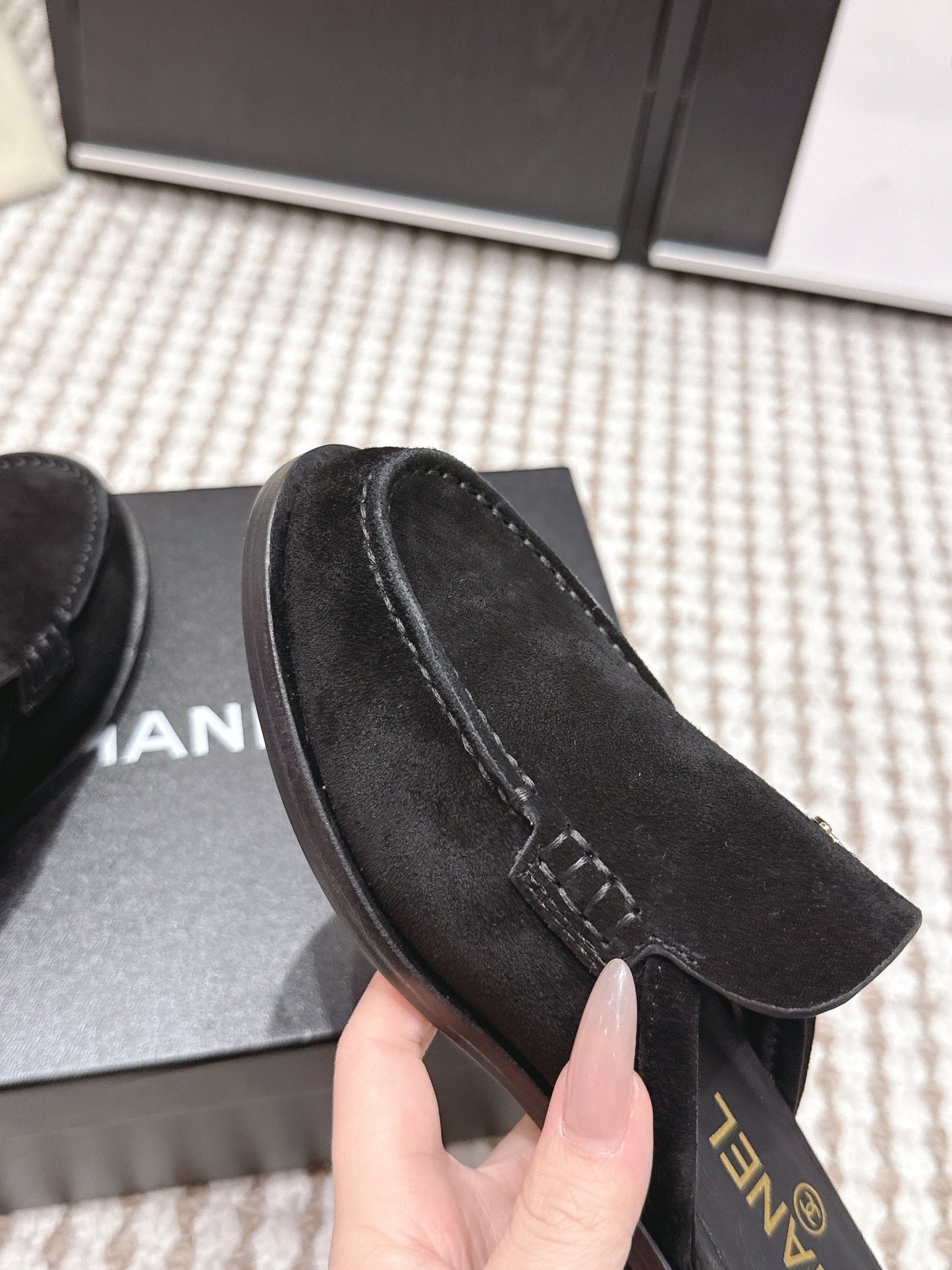 CHANEL 26S LOAFER MULES IN BLACK SUEDE