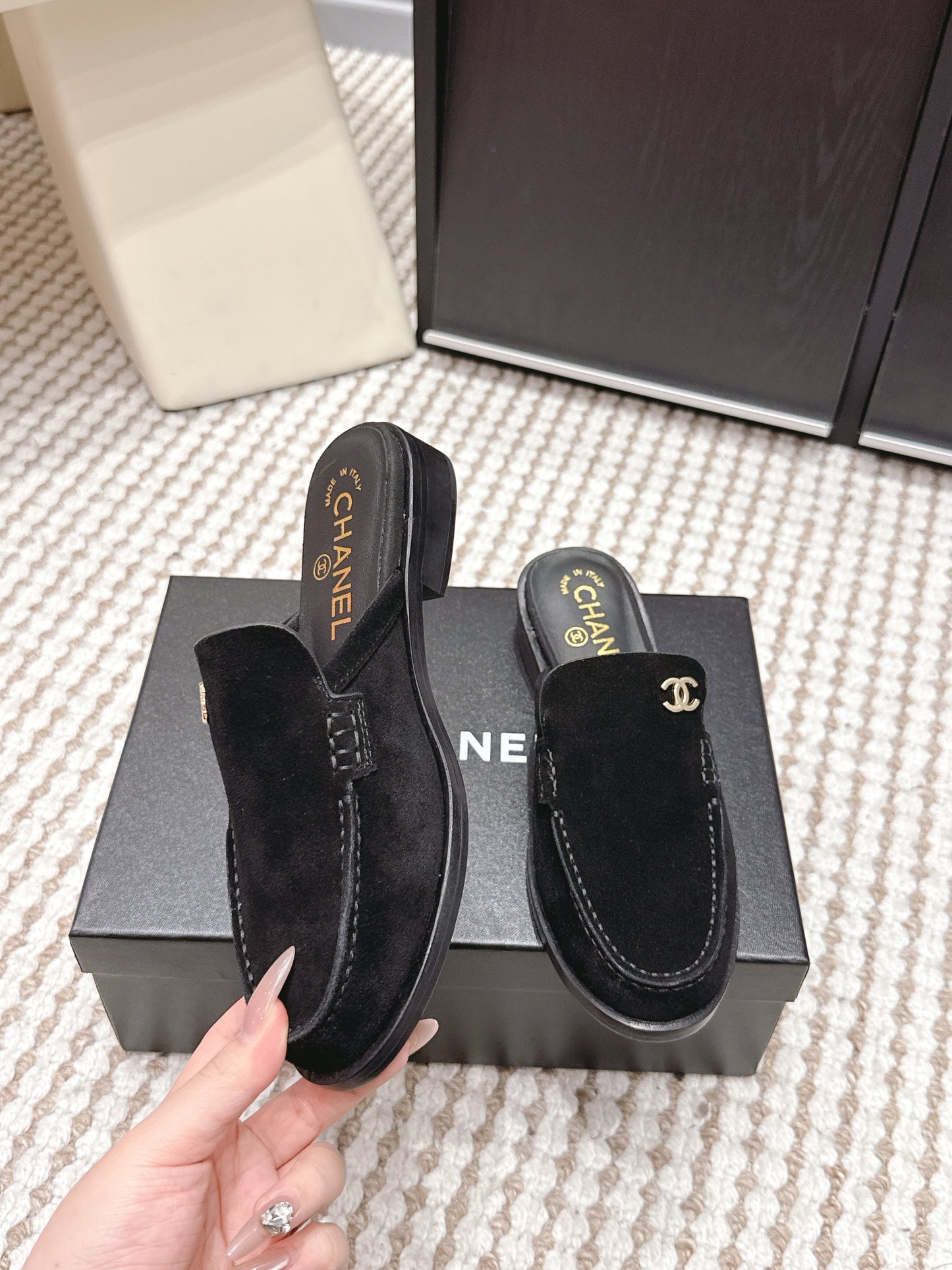 CHANEL 26S LOAFER MULES IN BLACK SUEDE