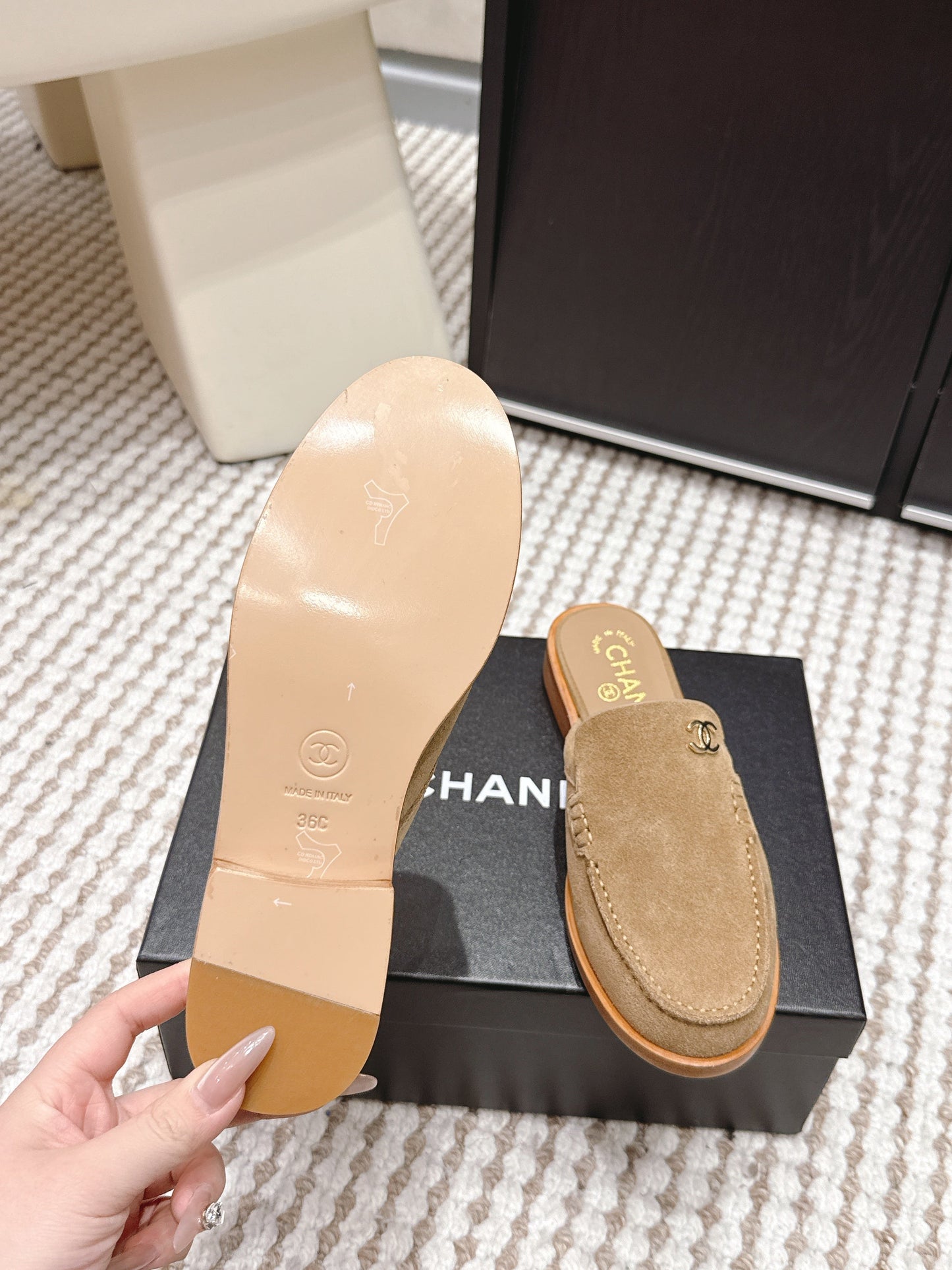CHANEL 26S LOAFER MULES IN LIGHT BROWN SUEDE