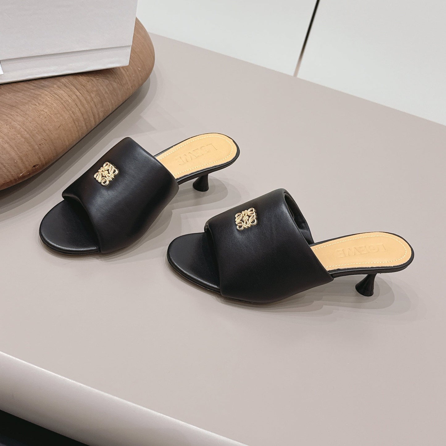 LOEWE 26S MULE HEELS 45MM IN BLACK LAMBSKIN GOLD HARDWARE