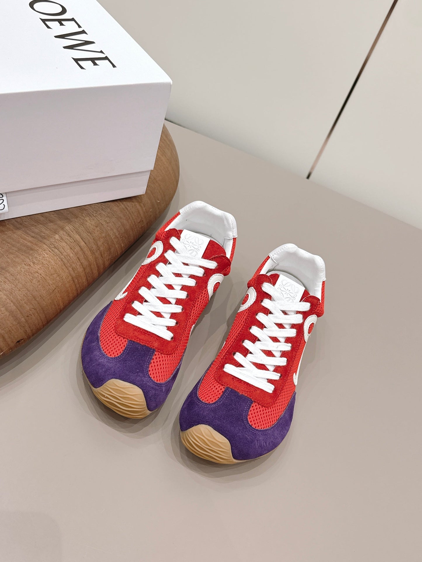 LOEWE 26S BALLET RUNNER 2.0 IN RED AND DARK PURPLE SUEDE AND MESH