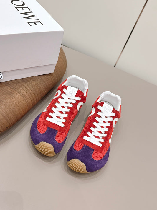 LOEWE 26S BALLET RUNNER 2.0 IN RED AND DARK PURPLE SUEDE AND MESH