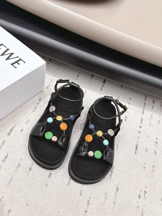 LOEWE 26S ROUND TOE WEDGE SANDALS 30MM IN BLACK CALFSKIN AND SUEDE