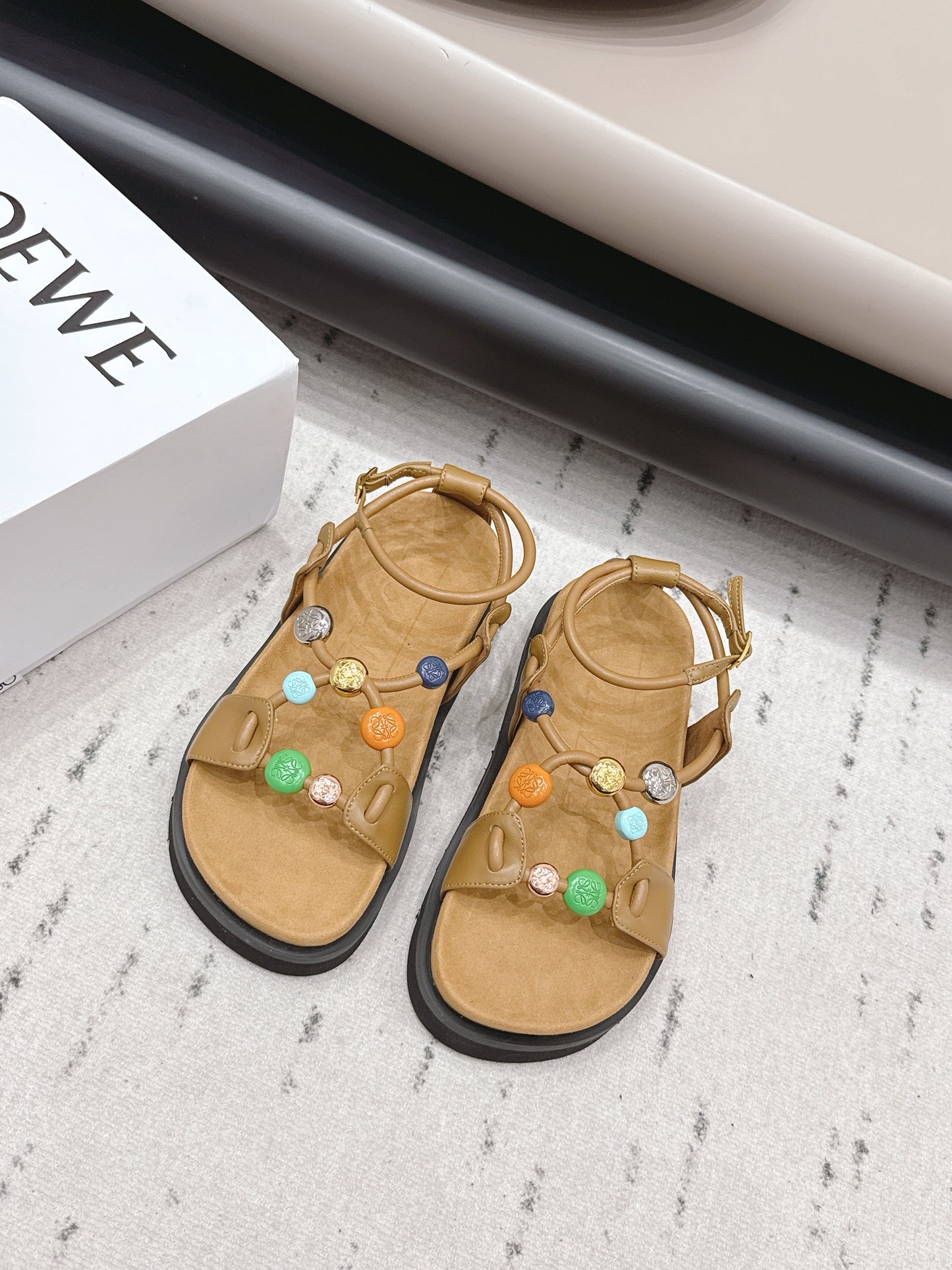 LOEWE 26S ROUND TOE WEDGE SANDALS 30MM IN TAN BROWN CALFSKIN AND SUEDE