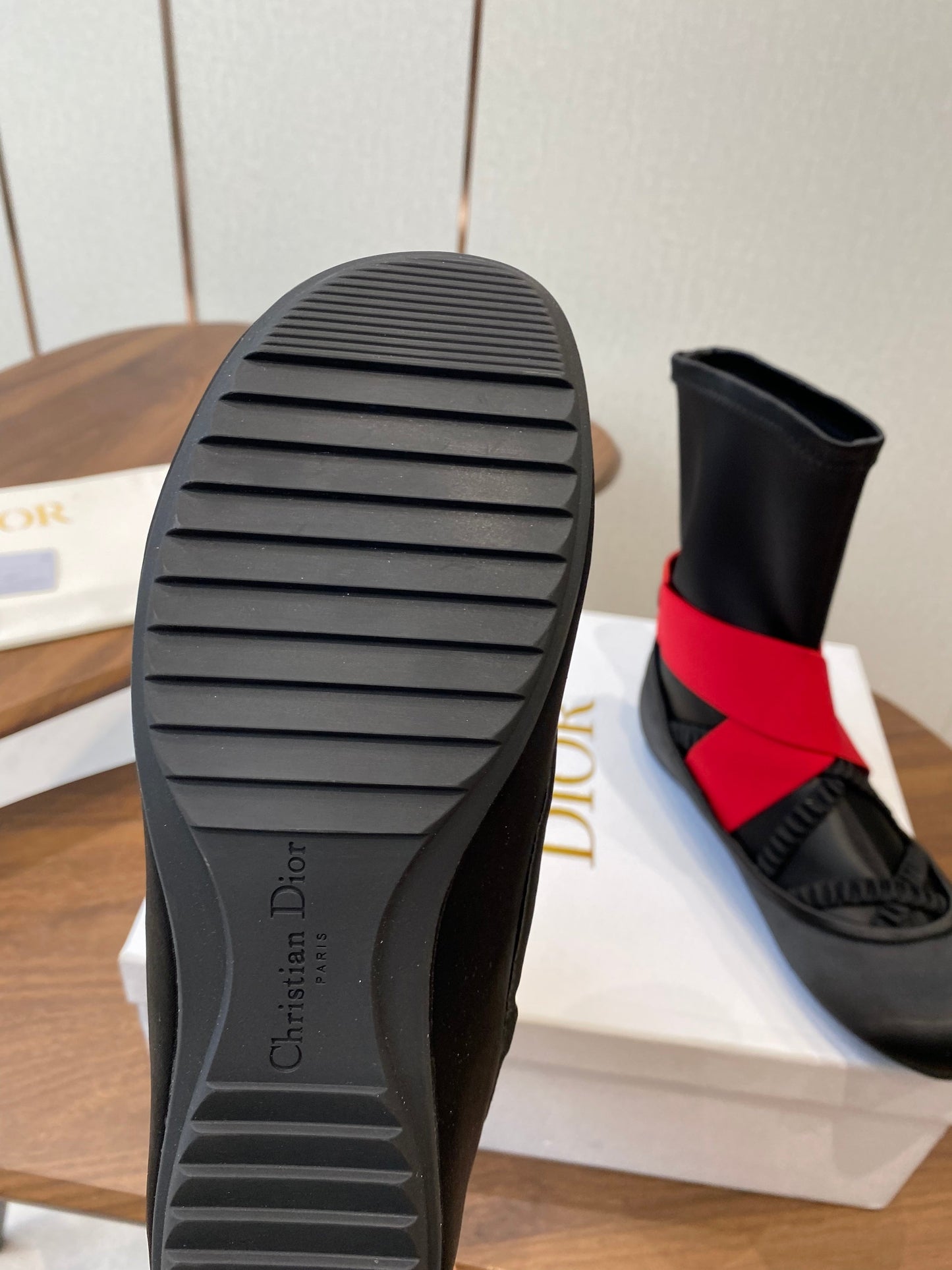 DIOR 25S STRETCH BALLET BOOTS IN BLACK AND RED SATIN - 35