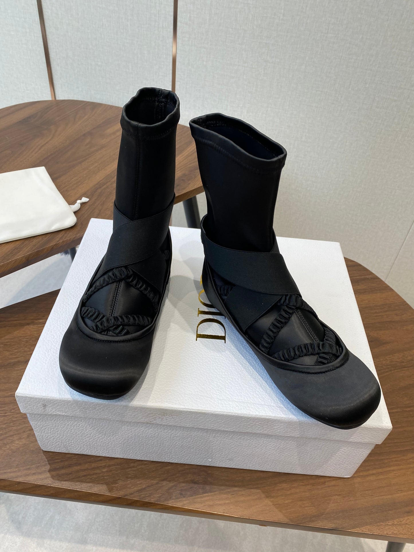 DIOR 25S STRETCH BALLET BOOTS IN BLACK FULL SATIN - 35