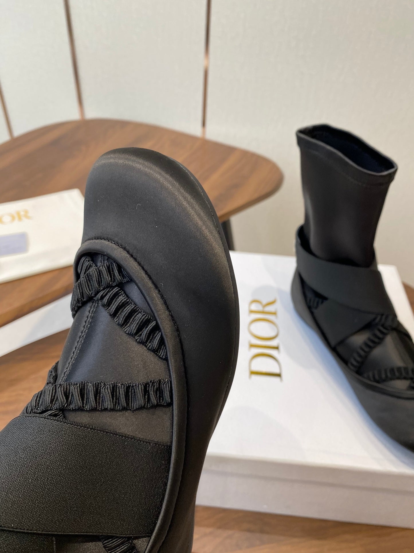 DIOR 25S STRETCH BALLET BOOTS IN BLACK FULL SATIN - 35