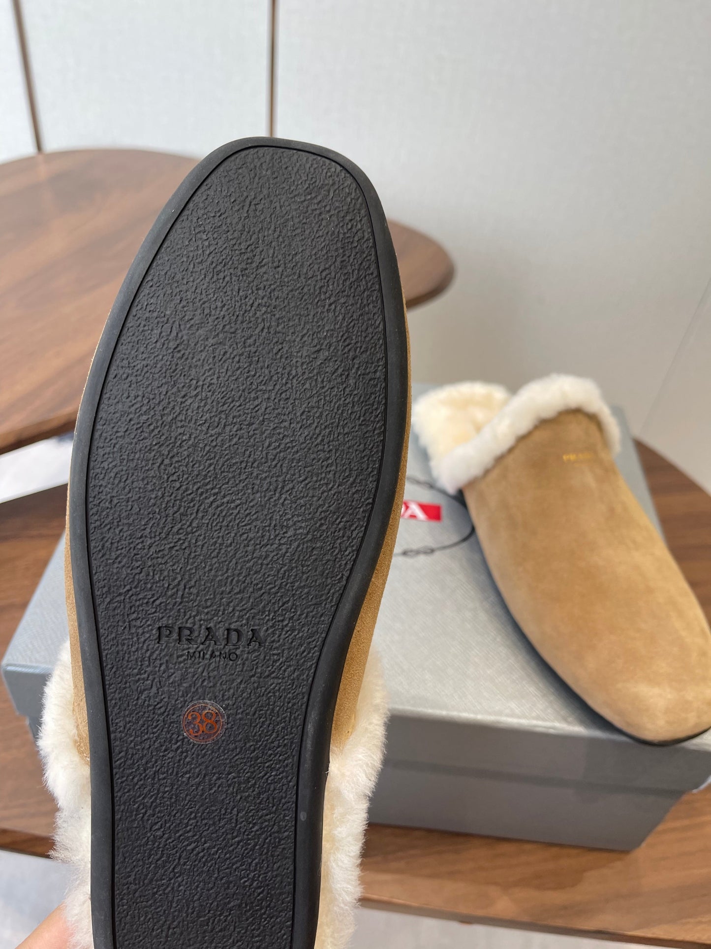 PRADA 25S CLOGS IN LIGHT BROWN SUEDE FUR-LINED - 35