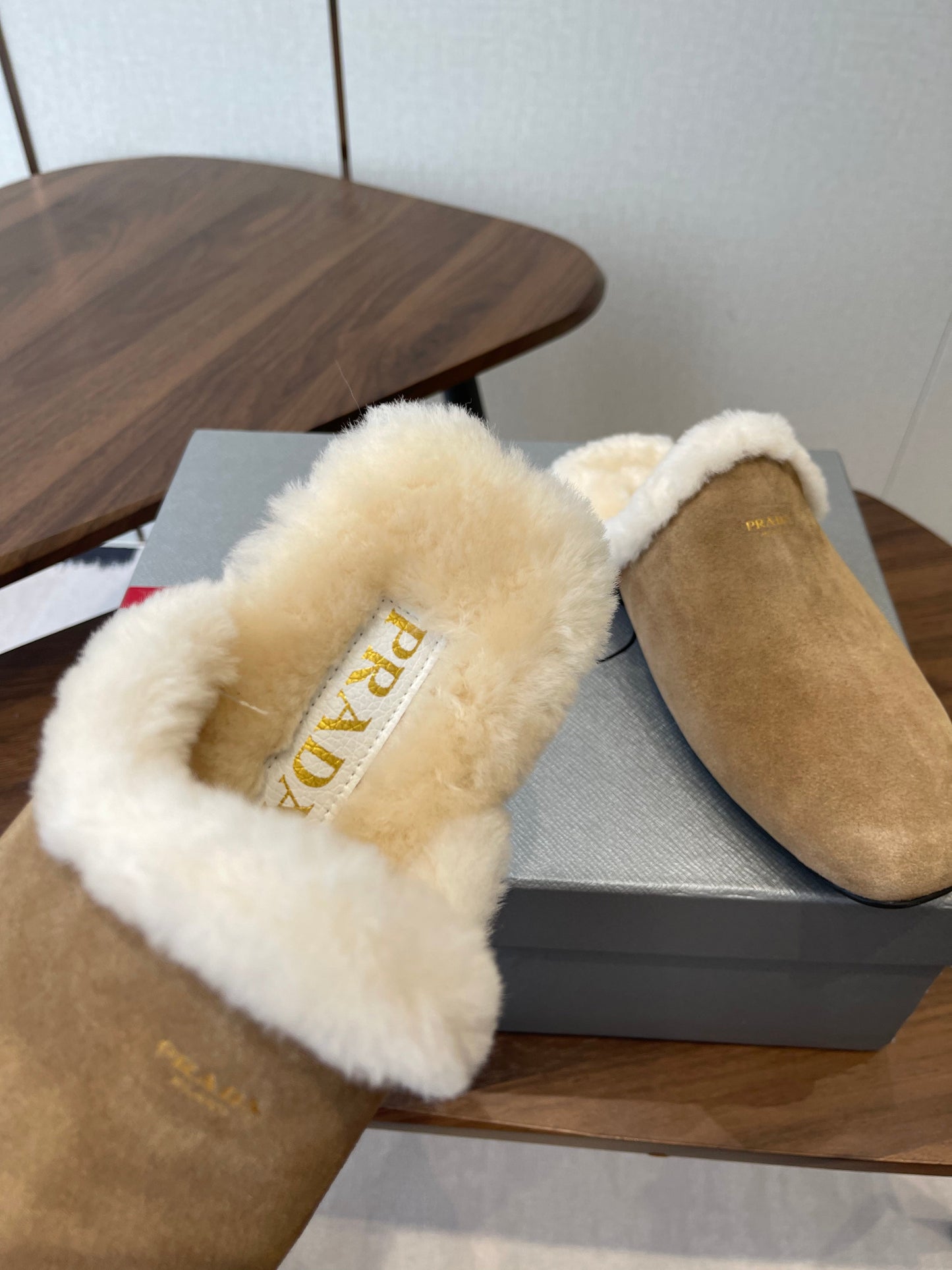 PRADA 25S CLOGS IN LIGHT BROWN SUEDE FUR-LINED - 35