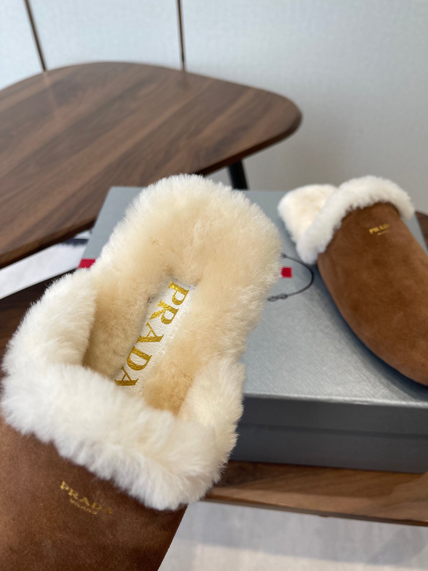 PRADA 25S CLOGS IN BROWN SUEDE FUR-LINED - 35