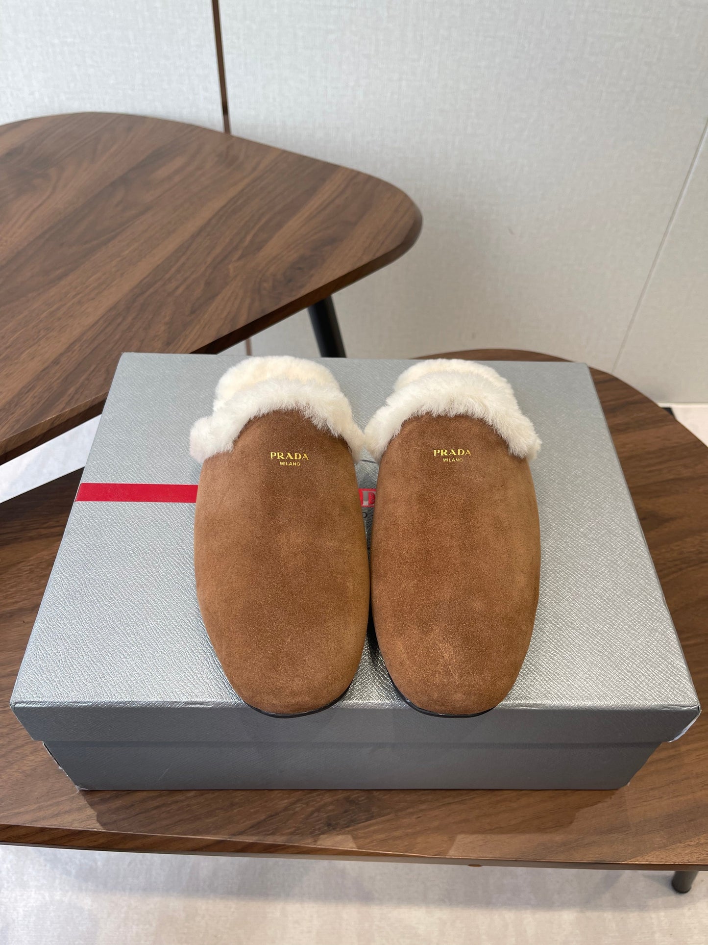 PRADA 25S CLOGS IN BROWN SUEDE FUR-LINED - 35
