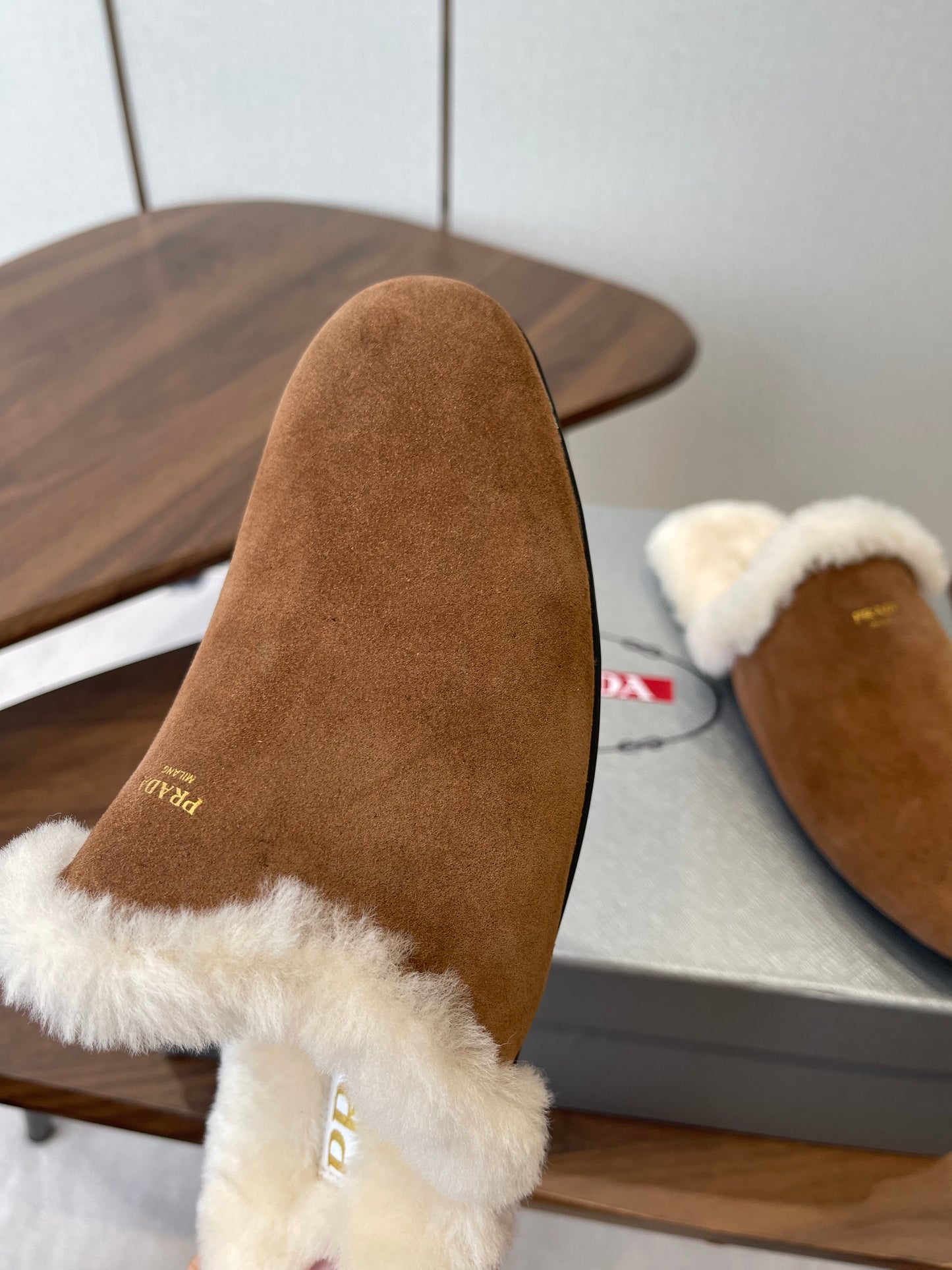 PRADA 25S CLOGS IN BROWN SUEDE FUR-LINED - 35