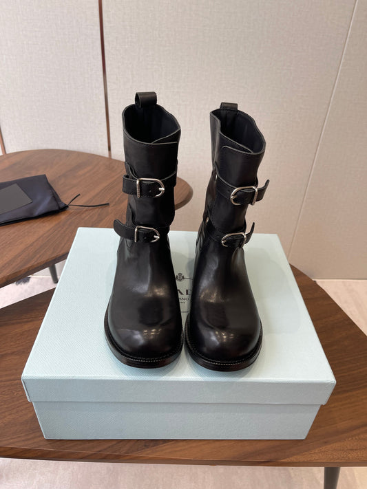 PRADA 25S TWO-BUTTON COWBOY BOOTS IN BLACK CALFSKIN WITH SILVER HARDWARE - 35