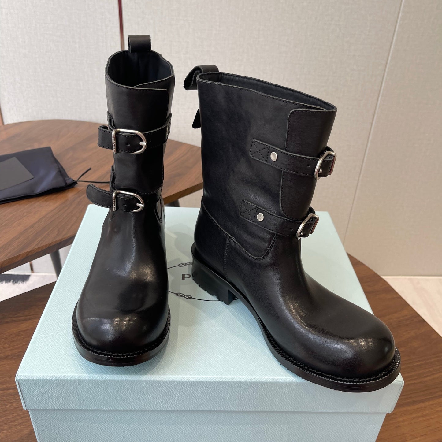 PRADA 25S TWO-BUTTON COWBOY BOOTS IN BLACK CALFSKIN WITH SILVER HARDWARE - 35
