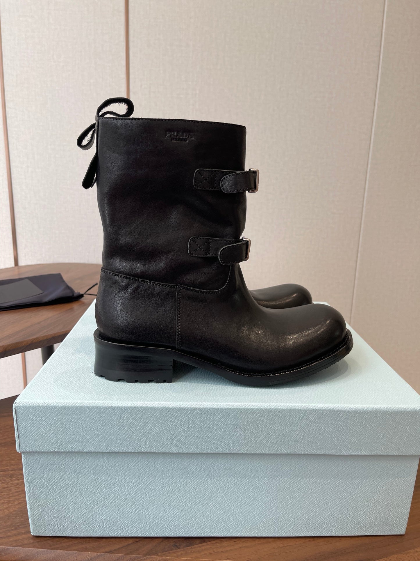 PRADA 25S TWO-BUTTON COWBOY BOOTS IN BLACK CALFSKIN WITH SILVER HARDWARE - 35