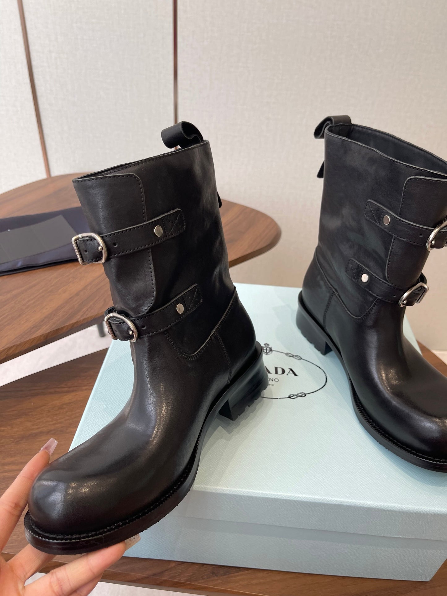 PRADA 25S TWO-BUTTON COWBOY BOOTS IN BLACK CALFSKIN WITH SILVER HARDWARE - 35
