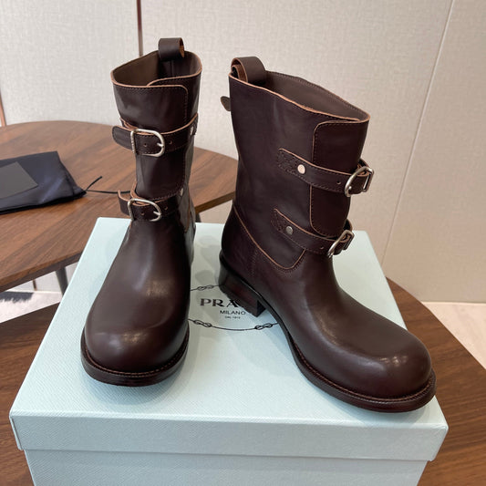 PRADA 25S TWO-BUTTON COWBOY BOOTS IN DARK BROWN CALFSKIN WITH SILVER HARDWARE - 35