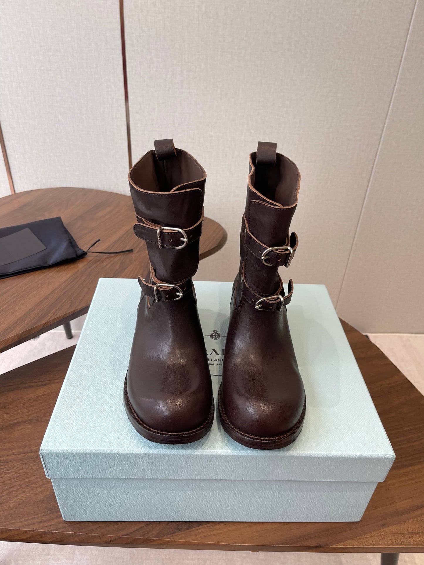 PRADA 25S TWO-BUTTON COWBOY BOOTS IN DARK BROWN CALFSKIN WITH SILVER HARDWARE - 35