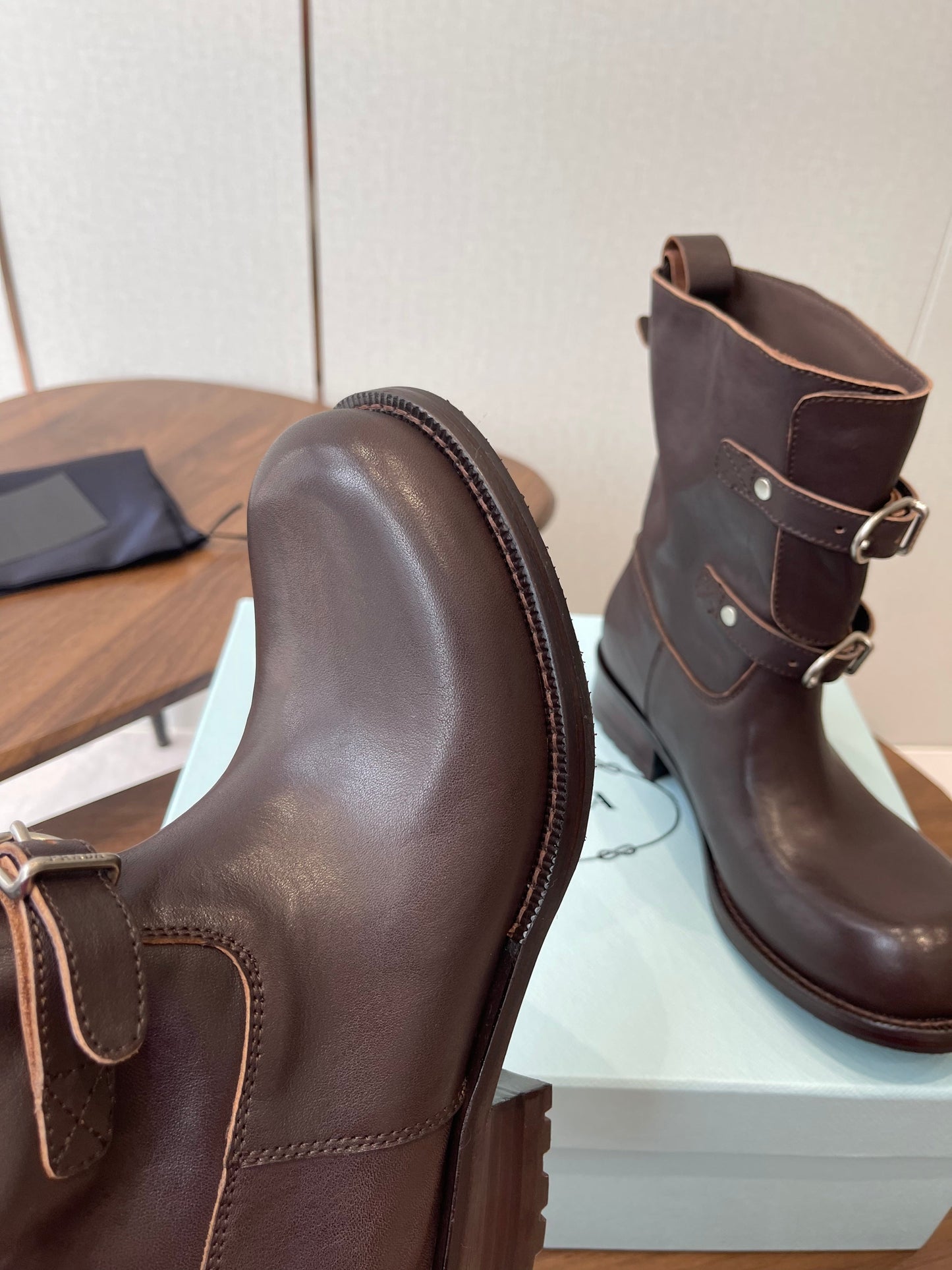 PRADA 25S TWO-BUTTON COWBOY BOOTS IN DARK BROWN CALFSKIN WITH SILVER HARDWARE - 35