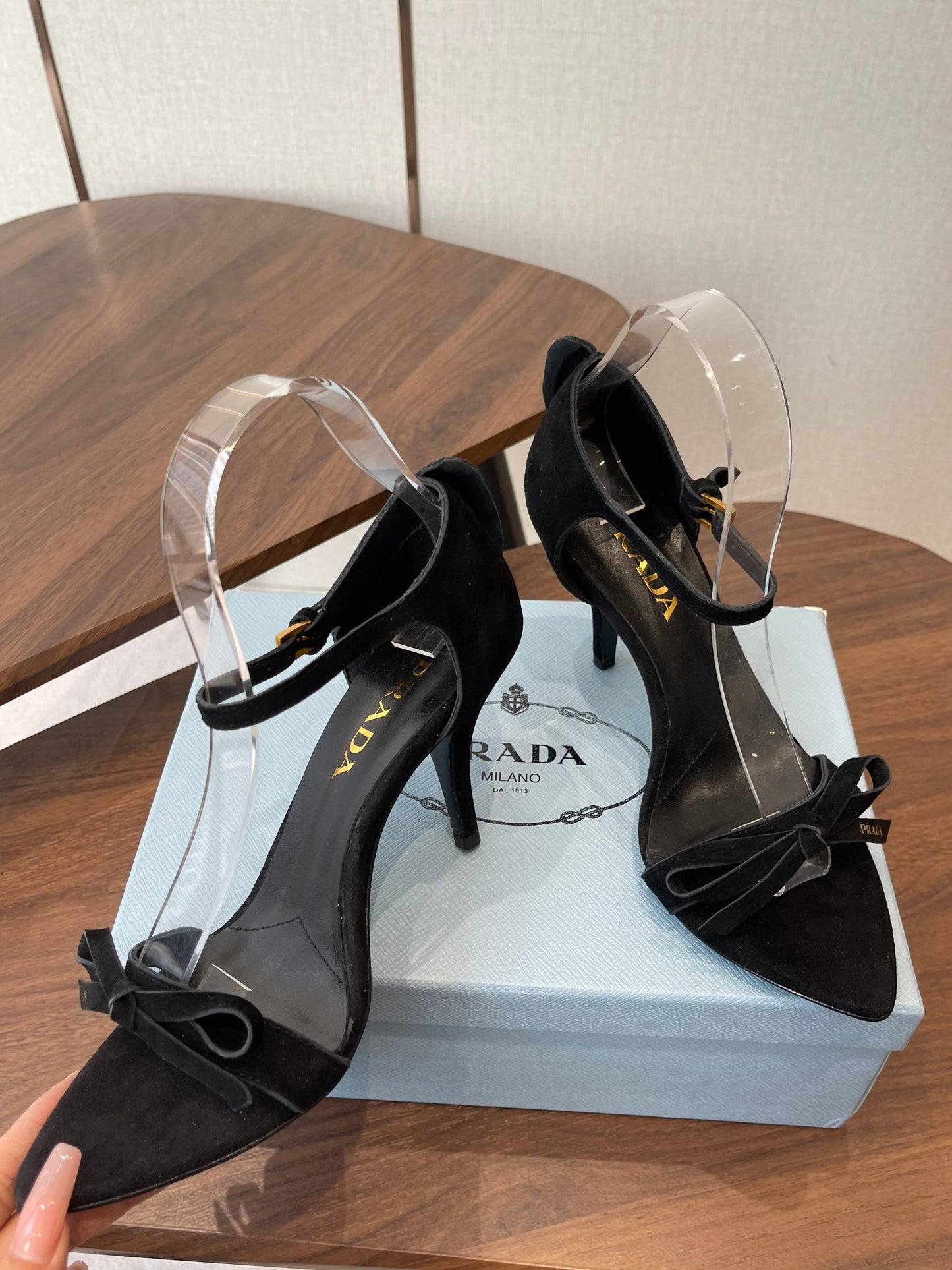 PRADA 26S HIGH HEEL SANDALS 85MM IN BLACK SUEDE WITH BOW