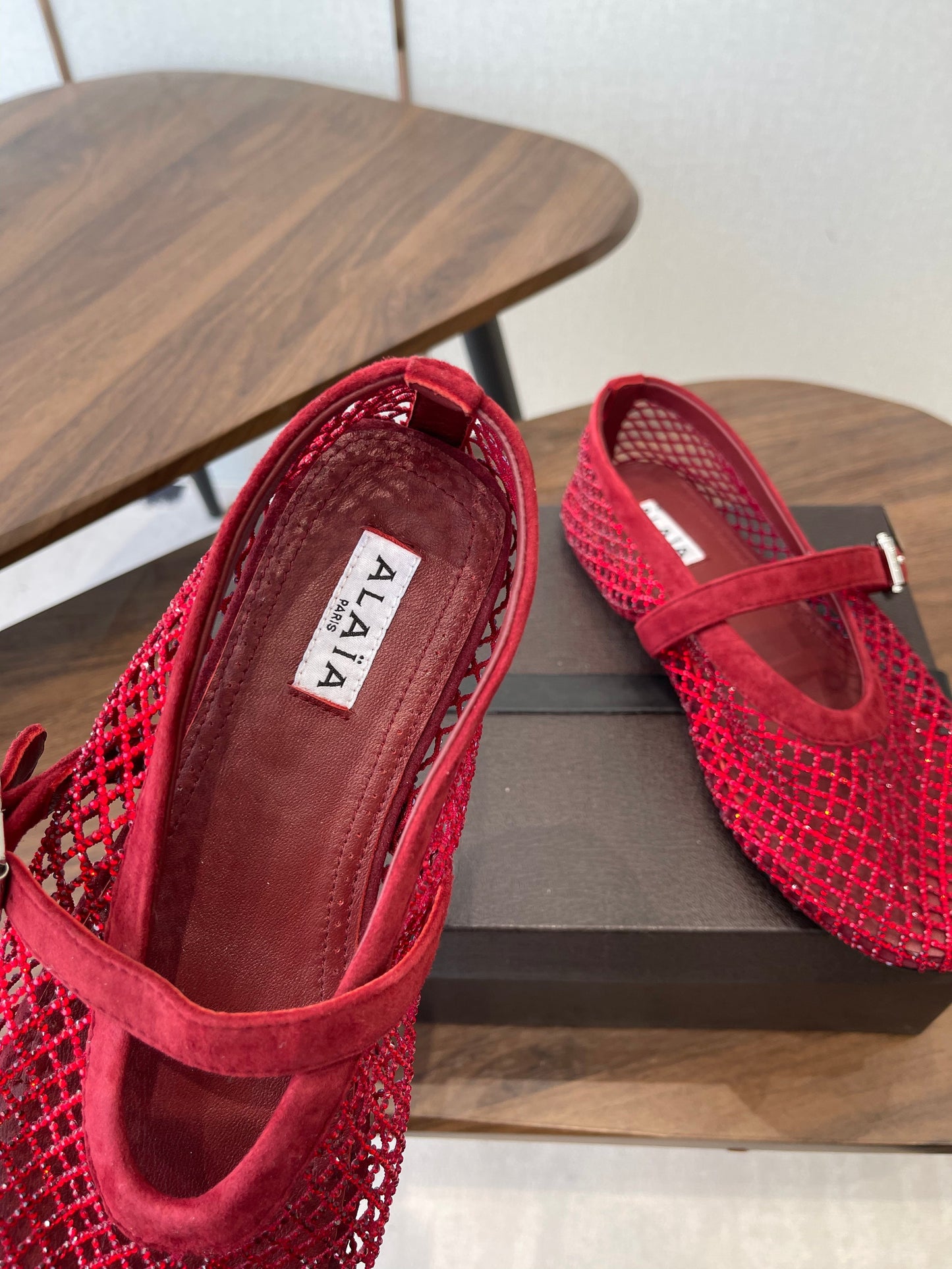 ALAIA 26S MESH FLATS IN DARK RED SUEDE RHINESTONE-EMBELLISHED