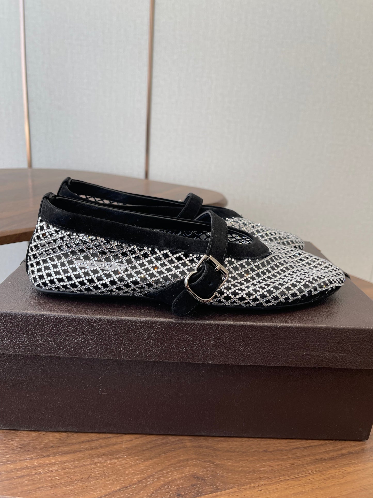 ALAIA 26S MESH FLATS IN BLACK SUEDE AND WHITE RHINESTONE-EMBELLISHED
