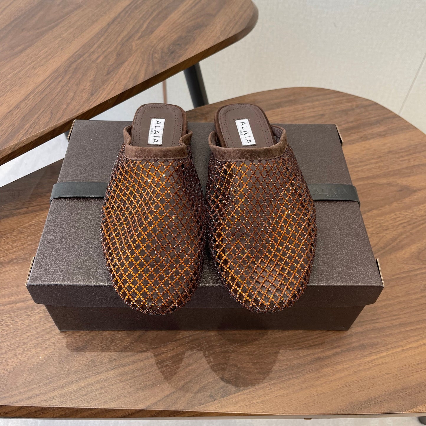 ALAIA 26S FLAT MULES IN DARK BROWN SUEDE AND MESH RHINESTONE-EMBELLISHED
