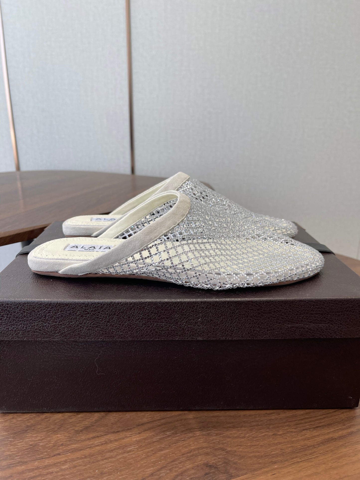 ALAIA 26S FLAT MULES IN CREAM WHITE SUEDE AND MESH RHINESTONE-EMBELLISHED