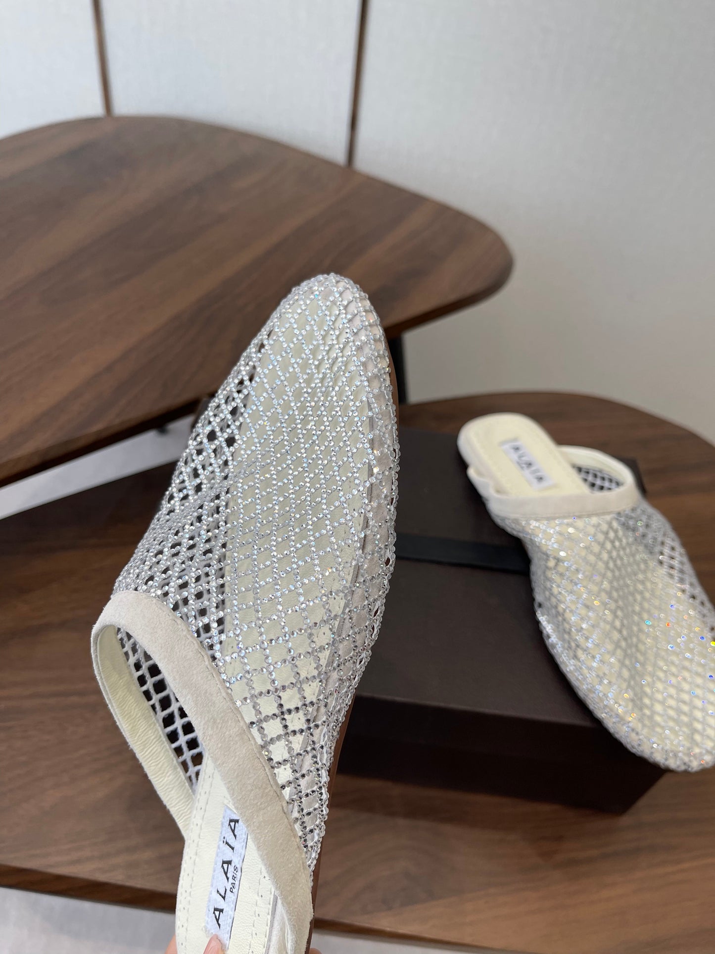 ALAIA 26S FLAT MULES IN CREAM WHITE SUEDE AND MESH RHINESTONE-EMBELLISHED