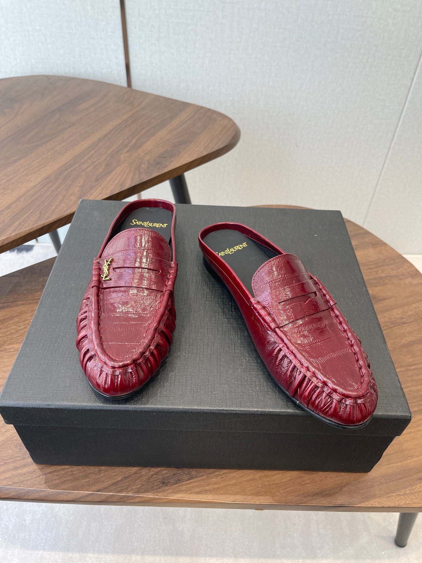 YSL 26S LOAFER MULES IN DARK RED CALFSKIN