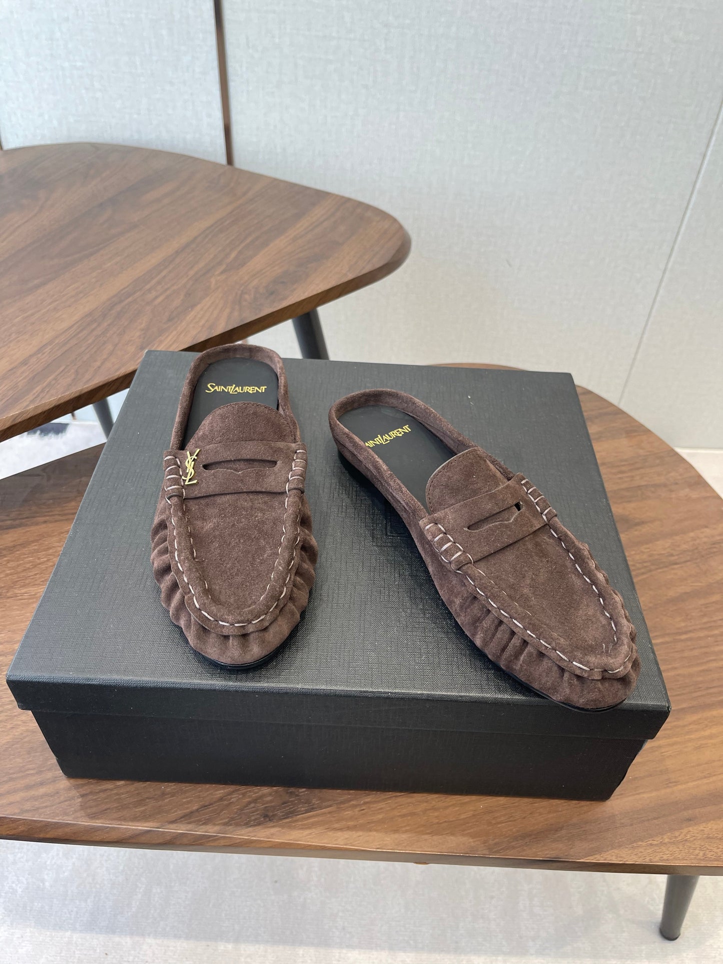 YSL 26S LOAFER MULES IN EARTH BROWN SUEDE