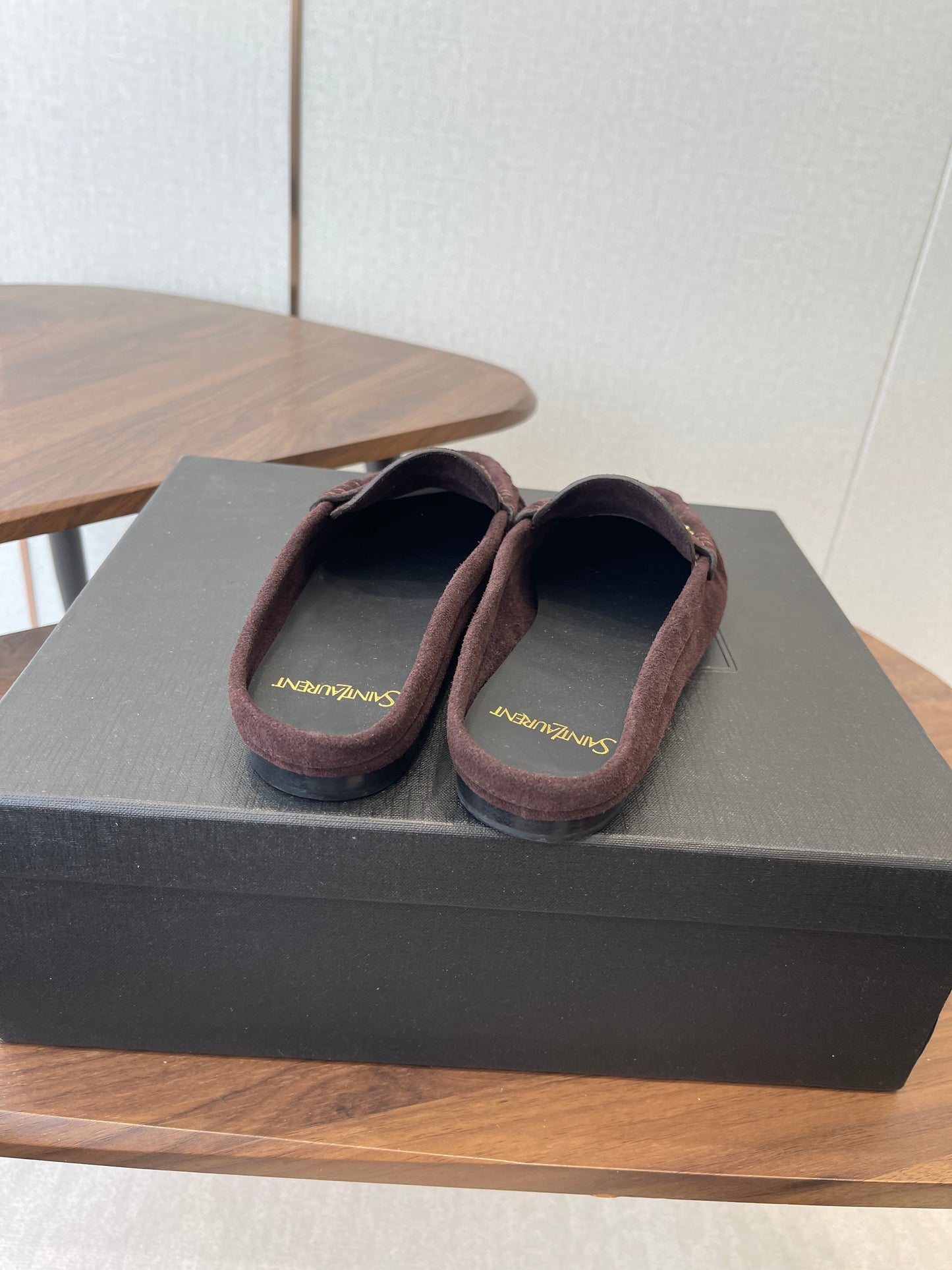 YSL 26S LOAFER MULES IN DARK PLUM BROWN SUEDE