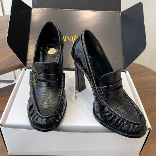 ЛОФЕРИ YSL 26S НА ПІДБОРАХ 100 ММ З ЧОРНОЇ БЛИСКУЧОЇ ТЕЛЯЧОЇ ШКІРИ