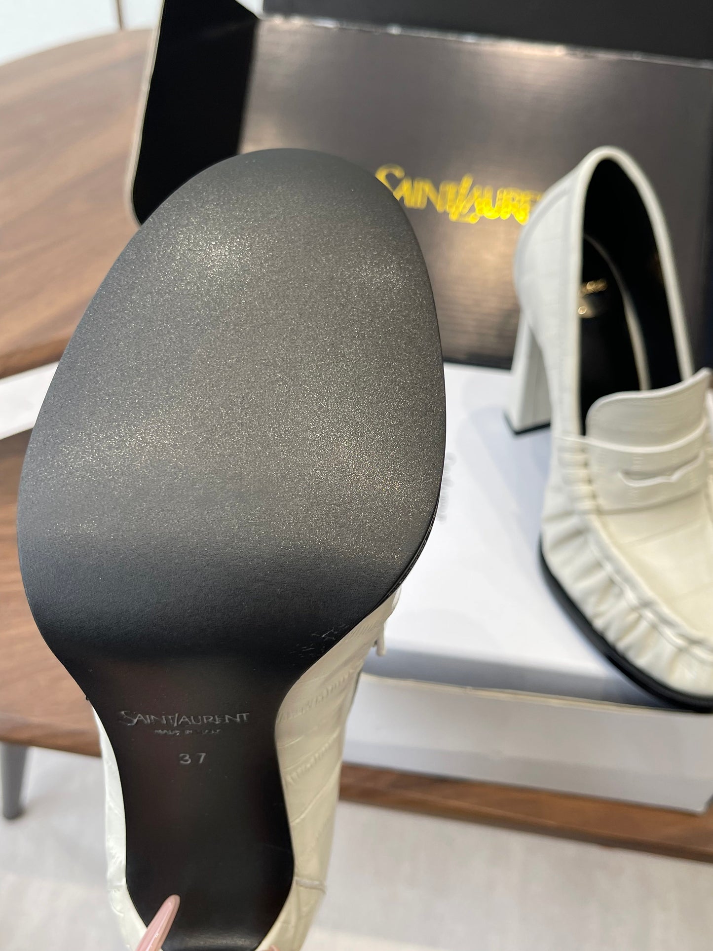 ЛОФЕРИ YSL 26S НА ПІДБОРАХ 100 ММ З БІЛОЇ ТЕЛЯЧОЇ ШКІРИ