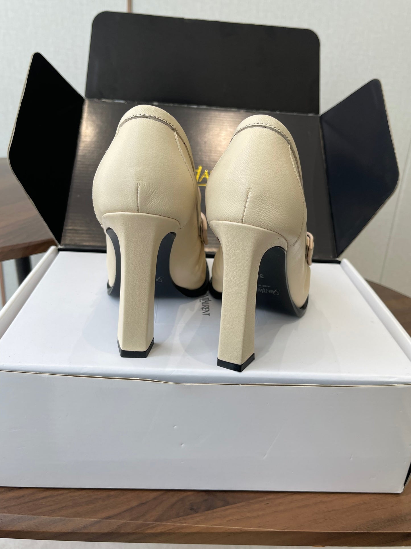 YSL 26S HEELED LOAFERS 100 MM IN SOFT OFF-WHITE CALFSKIN