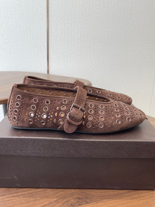 ALAIA 26S MARY JANE БАЛЕТКИ З ТЕМНО-КОРИЧНЕВОЇ ЗАМШІ СТИЛЬ 1