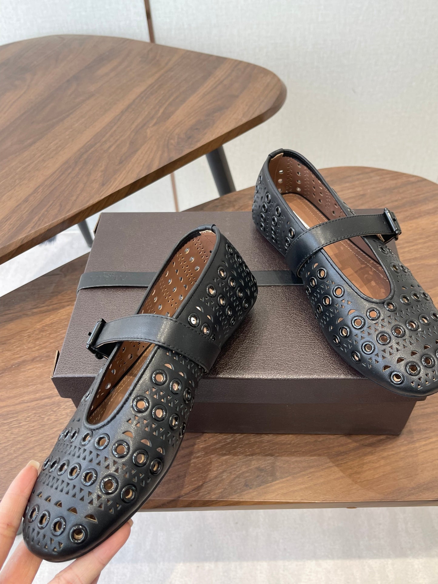 ALAIA 26S MARY JANE FLATS IN BLACK LAMBSKIN