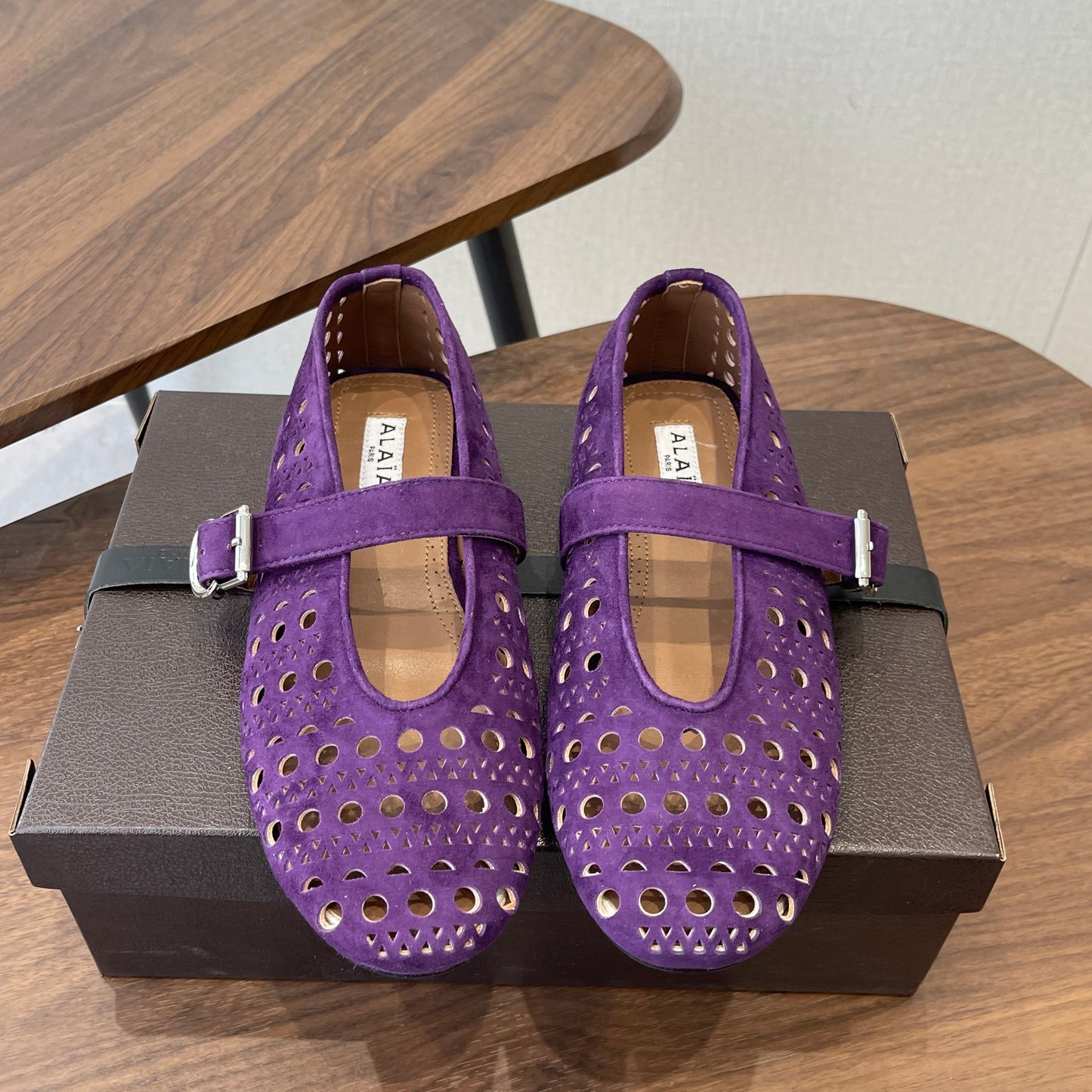ALAIA 26S MARY JANE FLATS IN DARK PURPLE SUEDE