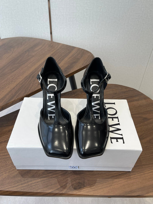 LOEWE 26S ONDA 90MM T-STRAP HIGH-HEEL SHOES IN BLACK GLOSSY CALFSKIN