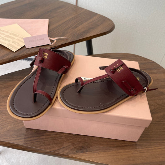 MIUMIU 26S FLIP FLOPS IN DARK BROWN AND BURGUNDY RED CALFSKIN