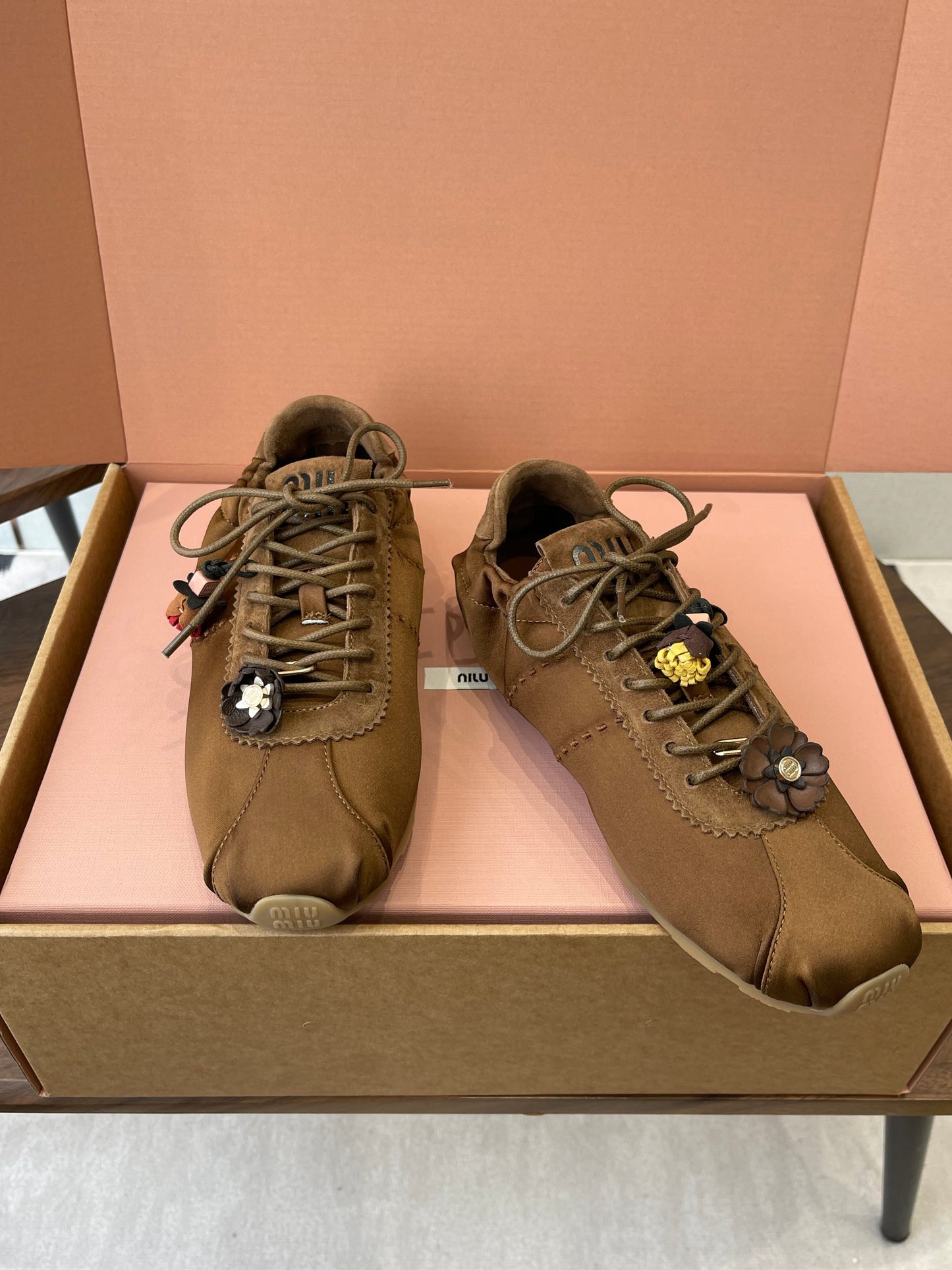MIUMIU 26S SNEAKERS IN DARK BROWN PLUME SATIN