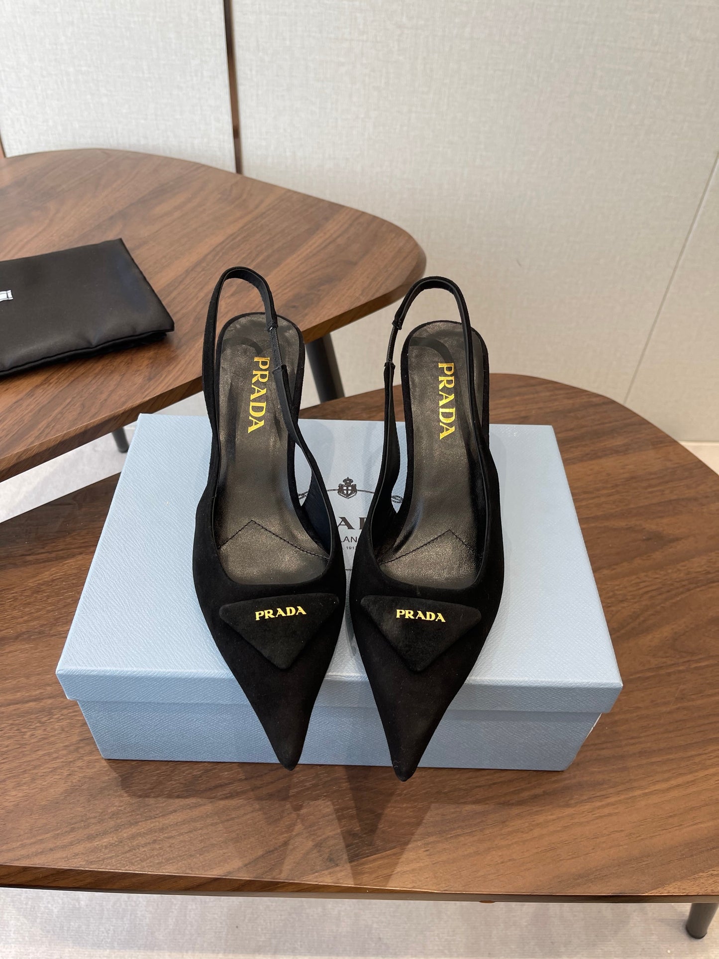 PRADA 26S SLINGBACK PUMPS 75MM IN BLACK SUEDE WITH LOGO