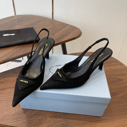 БОСОНІЖКИ PRADA 26S SLINGBACK 75 ММ З ЧОРНОЇ ЗАМШІ З ЛОГОТИПОМ