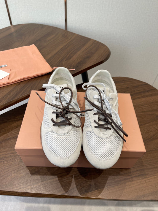 MIUMIU 26S SNEAKERS IN WHITE MESH AND SUEDE