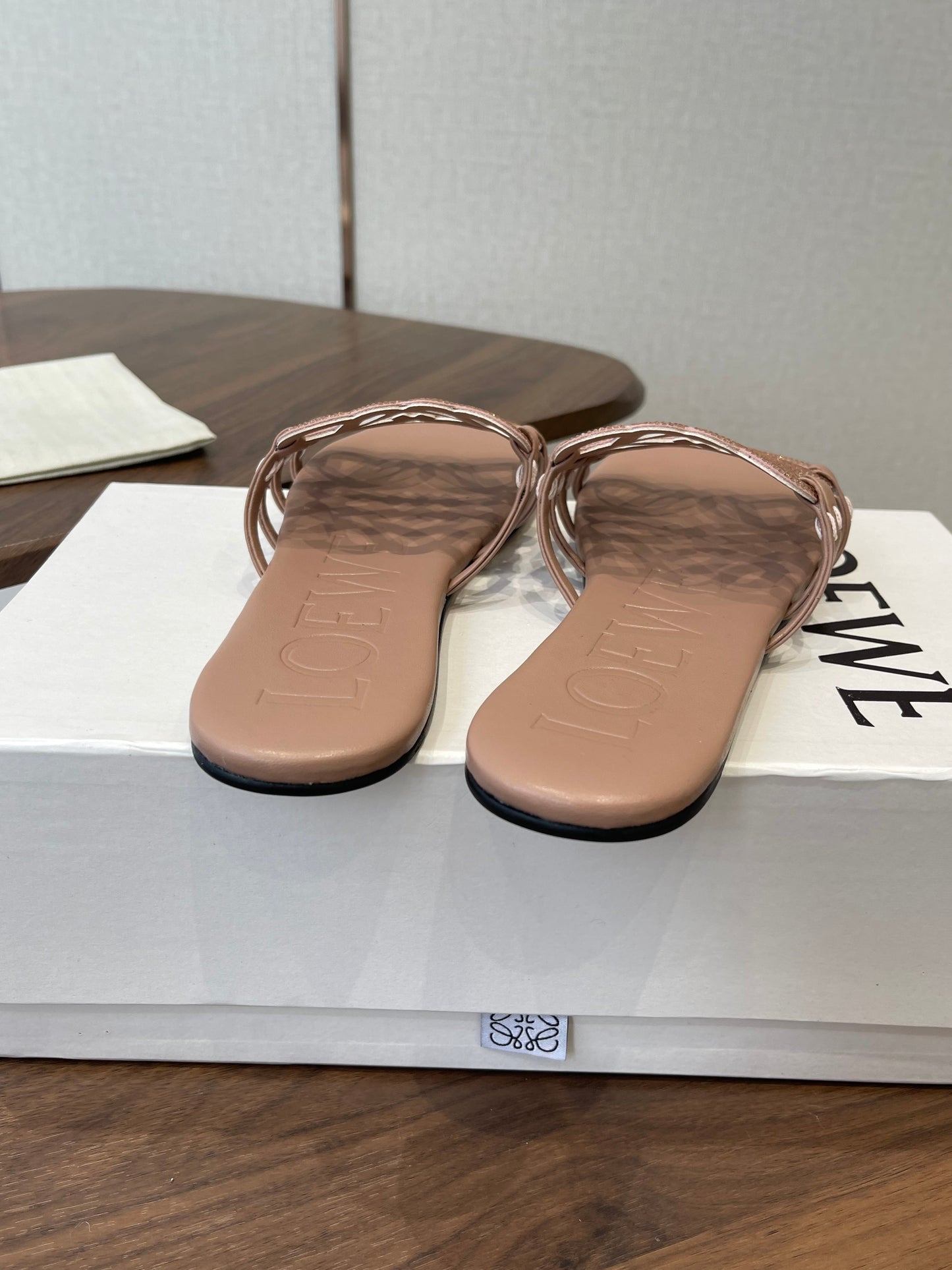 LOEWE 26S PETAL ANAGRAM SLIDE IN TAUPE BROWN CALFSKIN WITH CRYSTALS