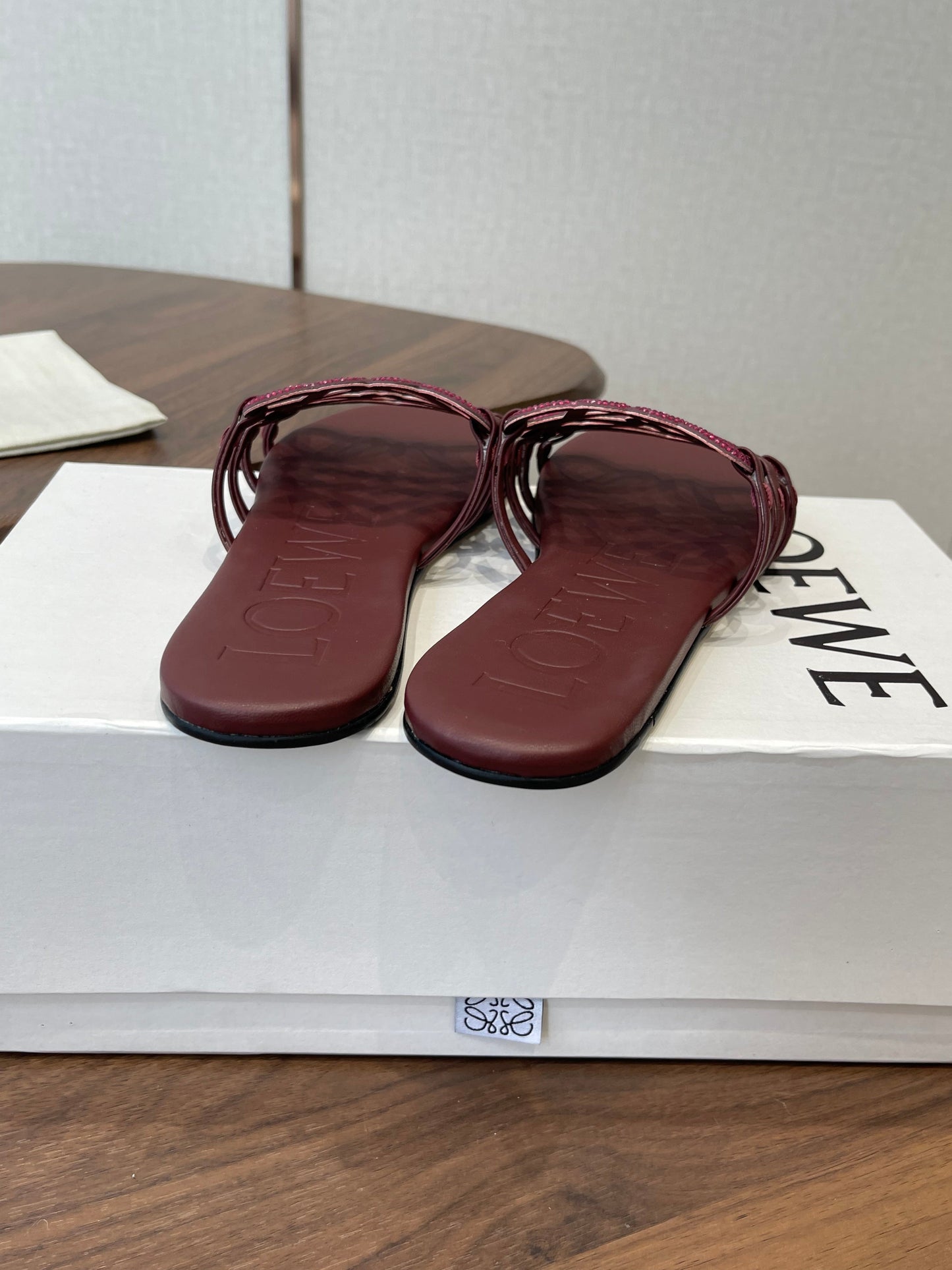 LOEWE 26S FLAT SANDALS IN WINE RED CALFSKIN WITH CRYSTALS