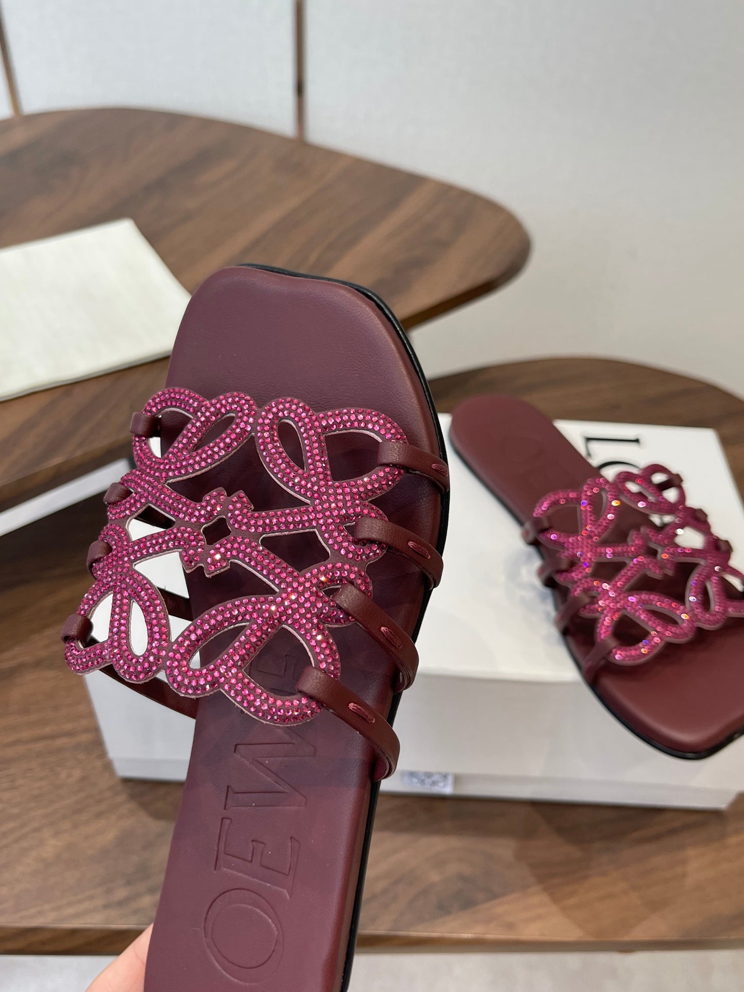 LOEWE 26S FLAT SANDALS IN WINE RED CALFSKIN WITH CRYSTALS