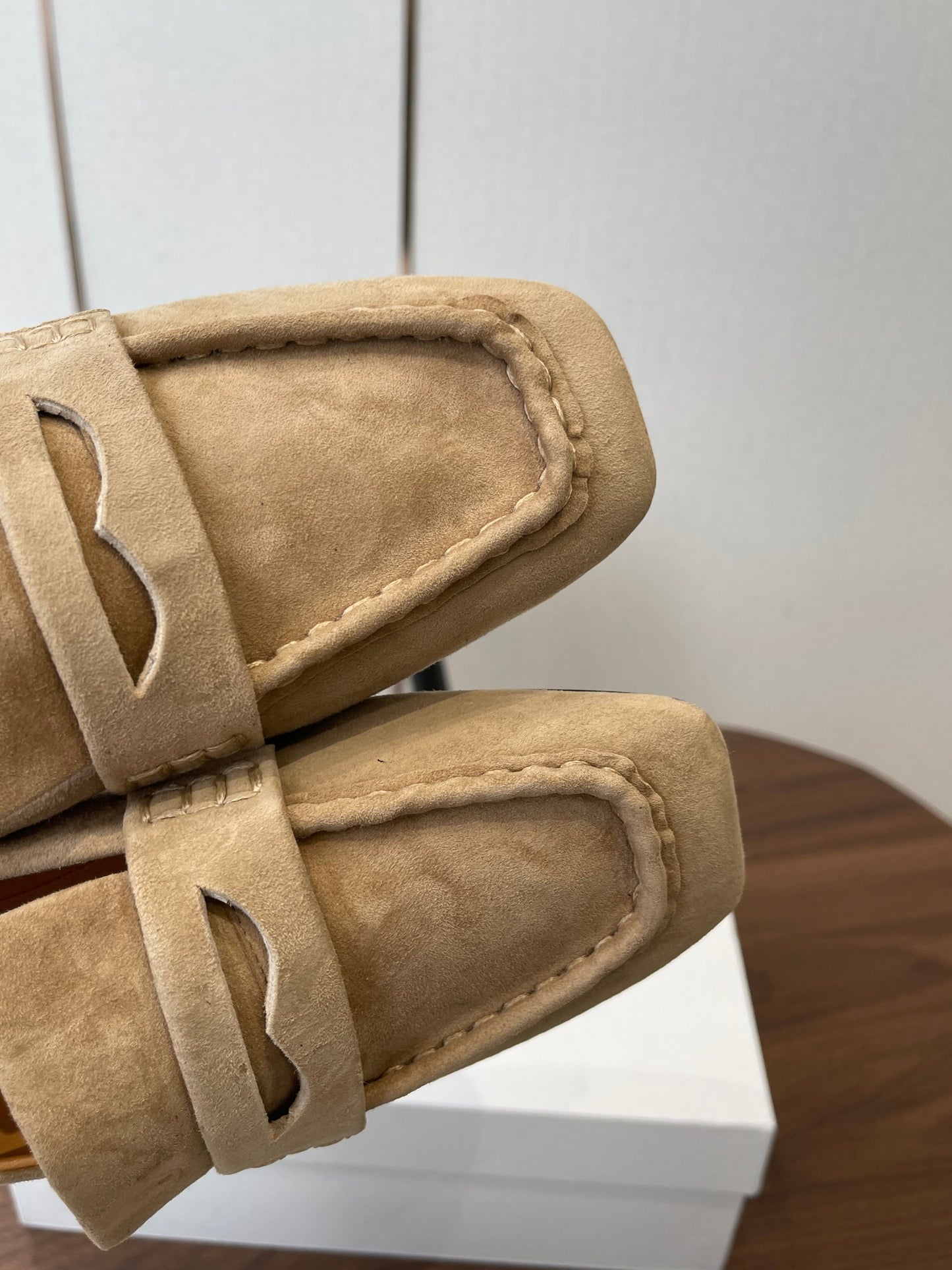 THE ROW 26S SQUARE TOE LOAFERS IN BEIGE SUEDE
