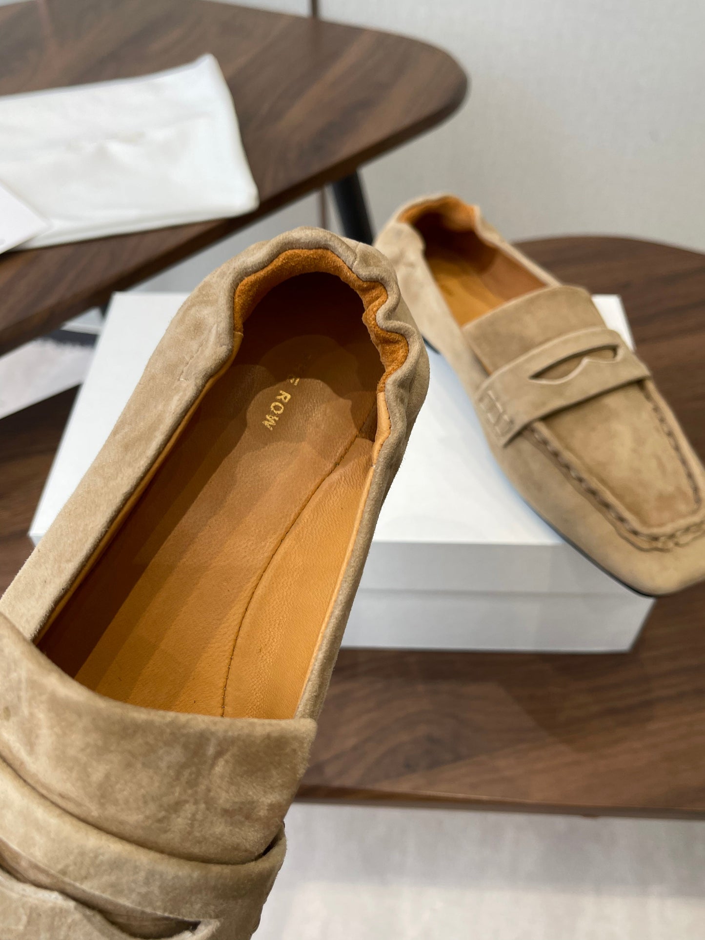 THE ROW 26S SQUARE TOE LOAFERS IN BEIGE SUEDE