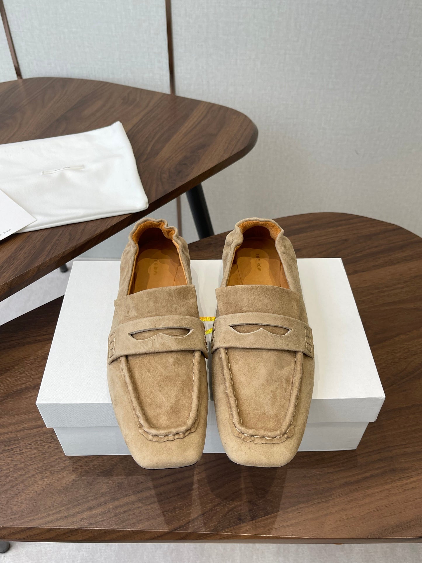 THE ROW 26S SQUARE TOE LOAFERS IN BEIGE SUEDE